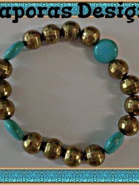 Turquoise & Gold Tone Beaded Bracelet Elastic Stretchable Fits Most Wrist